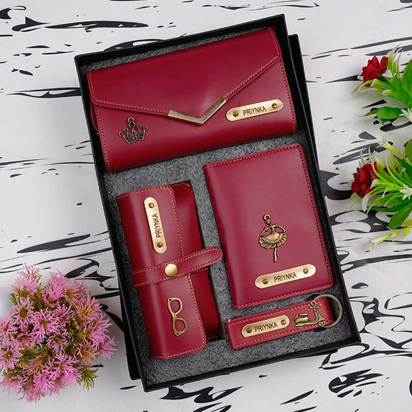 Personalised Gift Combo Women's Wallet With Charm - Red - Uncommongifts.in